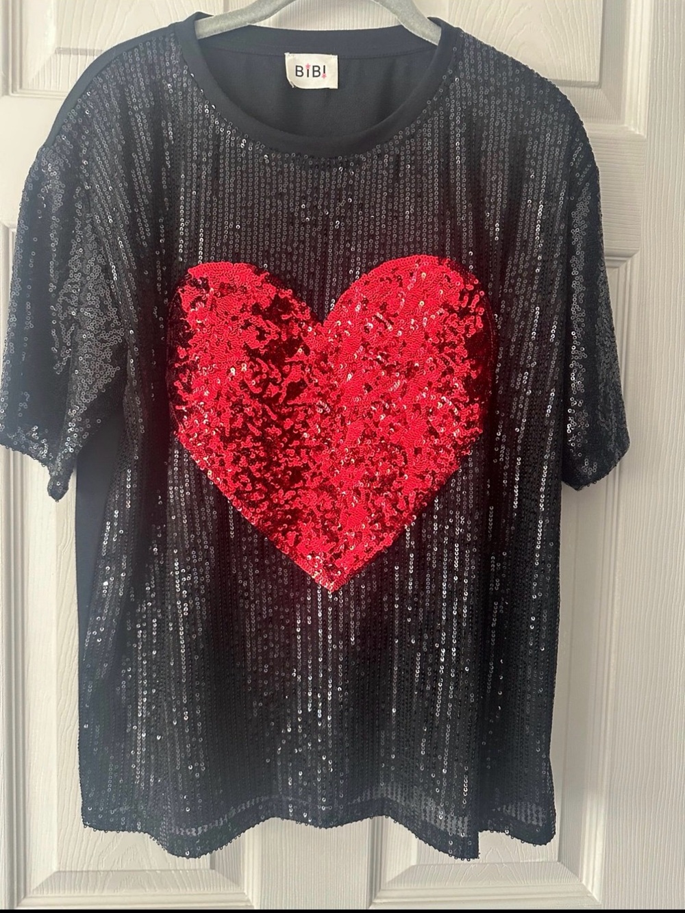 BiBi Black Tee with Red Sequin Heart Accent Sample See Tag